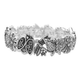 Ladybug Butterfly Dragonfly Flowers Nature Theme Silver Tone Stretch Bracelet